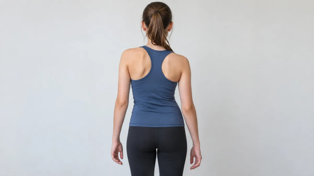 Back view showing asymmetry in shoulder level and waist contour.